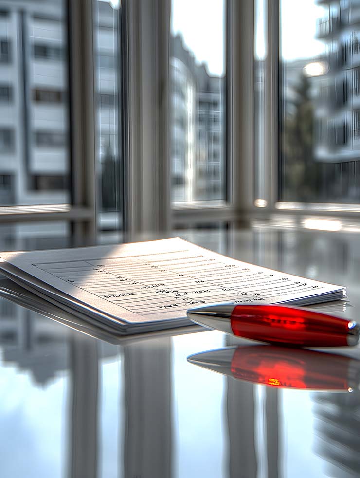 Expertise en baux commerciaux avec analyse de contrat et documents professionnels sur table de travail