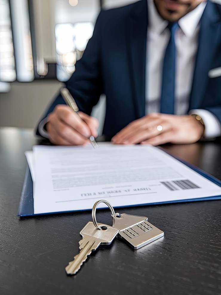 Signature d’un rapport d’évaluation immobilière avec clés, expertise indépendante et juridiquement sécurisée